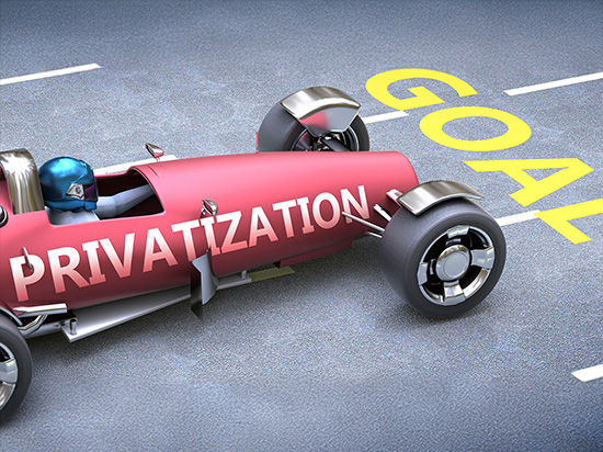 Race car labeled 'Privatization' positioned at the goal line, symbolizing commercial companies accelerating with speed and strategy required for agency transition responsibilities and cybersecurity readiness.