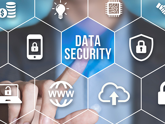  person with a digital hexagonal interface featuring icons related to cybersecurity data protection. At the center, the phrase 'DATA SECURITY' is prominently displayed. Some of the other icons represent: encryption, secure cloud storage, and internet security.