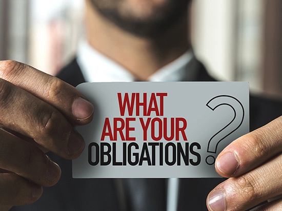 Business executive holding card that says 'What are your obligations?'” — symbolizing regulatory accountability and the need for organizations to understand the responsibilities they assume when entering agency privatization.