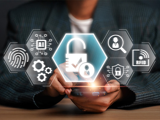 Access control and identity management concept showing a person using a smartphone with icons representing biometrics, AI, user authentication, RFID, security locks, and system settings.