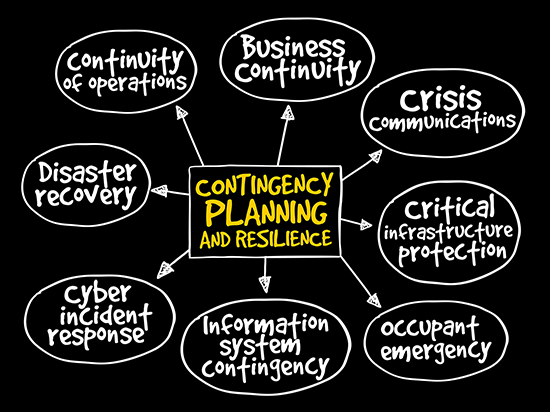 Diagram showing ‘Contingency Planning and Resilience’ at the center, with connected components including Business Continuity, Disaster Recovery, Crisis Communications, Continuity of Operations, Cyber Incident Response, Information System Contingency, Critical Infrastructure Protection, and Occupant Emergency.