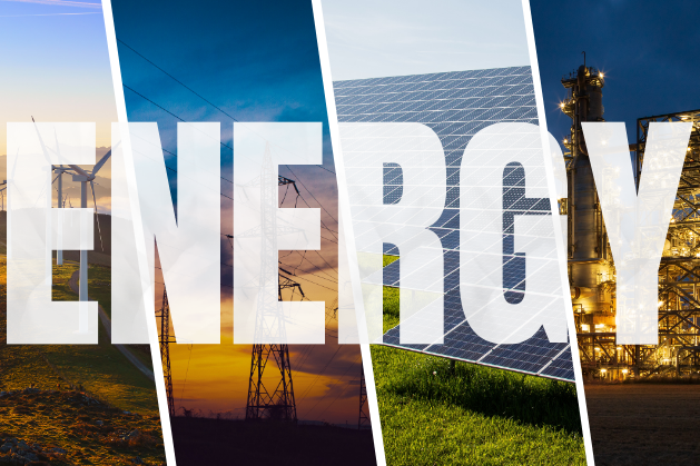 ENERGY overlay on collage of wind turbines, power lines, solar panels, and power plant