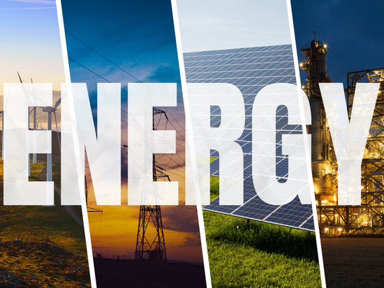 ENERGY overlay on collage of wind turbines, power lines, solar panels, and power plant